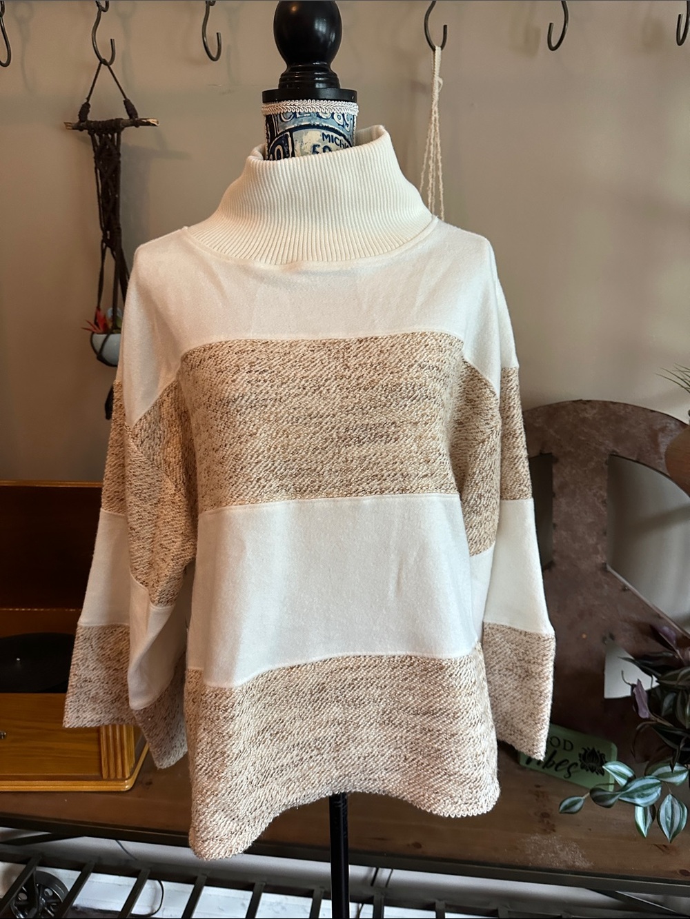 Turtleneck Striped Cozy Sweater - Cream & Tan
